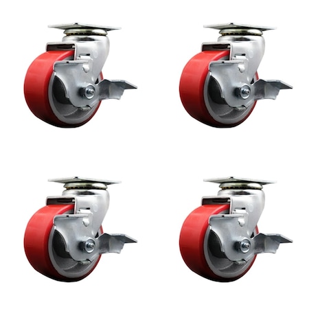 Service Caster Tool Box Caster Wheel Set 4'' Red Poly on Cast Iron Swivel Casters, 4PK TOOL-SCC-20S420-PUB-RS-TLB-4